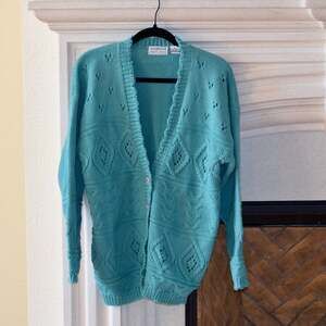 Maggie Lawrence Sport Vintage Teal Knit Diamond Pattern Cardigan Sweater Size S